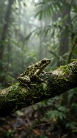 Spotted frog sitting on moss-covered branch in lush tropical rainforest with soft sunlight filtering through palm leaves creating natural wildlife habitat.