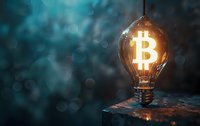 Glowing bitcoin symbol inside vintage light bulb against dark bokeh background, representing cryptocurrency innovation and digital finance concept.