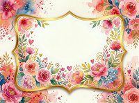 Watercolor floral frame with pink roses, peonies, and botanical elements surrounding ornate gold border on cream background, isolated for greeting cards and invitations.