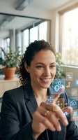 Professional businesswoman touching digital interface icons in modern office environment with natural lighting and plants in background.