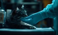 Veterinarian in protective gloves examining gray long-haired cat on examination table in dark room with dramatic teal lighting creating medical atmosphere.