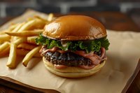 Gourmet beef burger with lettuce, tomato and bacon served with golden french fries on wooden board for restaurant menu and food advertising.
