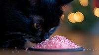 Black cat sniffing pink sugar crystals on dark surface with soft bokeh lights in background, creating magical macro photography moment with festive atmosphere.