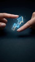 Hands protecting glowing blue upward arrow symbolizing business growth, success and financial progress with magical light effects on dark background.
