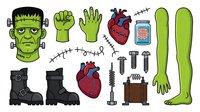 Frankenstein monster head with bolts, zombie hands, anatomical hearts, green limbs, black boots, and medical hardware isolated on white background. Clipart elements for Halloween designs, t-shirts, and creative projects.
