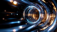 Glowing spiral tunnel with blue and gold light streaks creating dynamic motion effect against dark background, abstract futuristic technology concept.