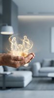 Glowing family silhouettes floating above cupped hands in modern home interior representing protection, care and love concept for insurance advertising.