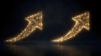 Two glowing golden arrow symbols pointing upward against dark background, representing growth, success, and positive financial trends for business presentations.