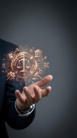 Businessman in suit holding glowing legal icons with scales of justice, gavel, and courthouse symbols for law and technology concepts.