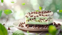 Layered mint chocolate dessert bar with chocolate cookie base and cream filling, garnished with chocolate chips on plate against blurred green nature background.