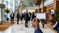 Businessman holding blank white business card in modern office lobby with blurred colleagues networking in background, suitable for corporate branding and professional communication concepts.
