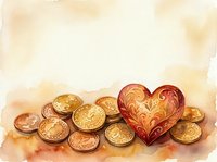 Watercolor heart with golden coins on textured paper background for romantic finance concepts, wedding savings, love money themes, Valentine's Day designs.