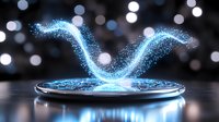 Magical glowing blue light trail swirls above metallic surface with bokeh background, creating ethereal energy flow effect for technology and innovation concepts.