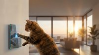 Tabby cat pressing a glowing smart home control panel on a wall in a modern sunlit living room interior.