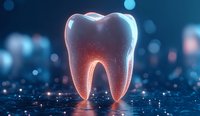 Glowing tooth model on dark blue background with bokeh effect and water reflection, dental care concept for medical and healthcare presentations.