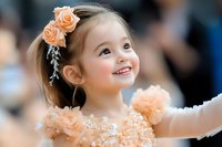 Young Asian girl in peach tulle dress with floral hair accessory smiling joyfully upward during dance performance or celebration event.