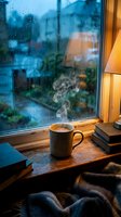 Steaming coffee mug on a wooden windowsill beside books and a warm lamp, rainy day outside, cozy hygge atmosphere.