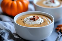 Creamy pumpkin soup topped with whipped cream, black sesame seeds and roasted pecan in white ceramic bowl, autumn comfort food styling on gray cloth.