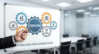 Professional businessman pointing at consulting gear diagram on whiteboard in modern conference room for business strategy presentation.