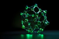 Glowing green molecular structure against dark background showcases scientific concept with interconnected nodes and geometric patterns for chemistry presentation.