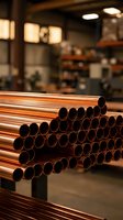 Stack of shiny copper pipes in industrial warehouse setting with blurred background. Manufacturing facility storage for plumbing and construction materials.