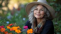 Elegant mature woman with silver hair and hat smiling in garden surrounded by vibrant orange and pink cosmos flowers on natural blurred background. Perfect for wellness and aging concepts.