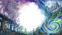 Fantasy dragon frame with mystical forest landscape and magical swirls creating decorative border for text or design elements.