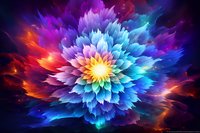 Vibrant fractal flower with glowing petals in rainbow colors against dark background, radiating energy from yellow center through blue, purple and red outer layers.