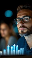 Bearded male professional wearing eyeglasses analyzes glowing blue data charts and graphs on screen in dark office environment with blurred colleague background.