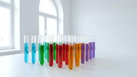 Laboratory test tubes with colorful chemical solutions arranged in row on white surface near bright window for scientific research and analysis.