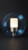 Modern LED light bulb with glowing medical icons and circular energy waves representing healthcare innovation and smart lighting technology solutions.