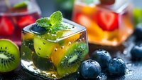 Refreshing fruit cocktail with kiwi slices, blueberries and mint leaves in clear ice cube. Vibrant summer drink garnish with fresh berries and citrus.