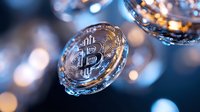 Shiny metallic cryptocurrency coins with detailed relief pattern floating on blurred blue background with golden bokeh lights and reflective surface.