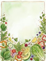 Watercolor illustration of fresh vegetables and fruits arranged as border frame with empty space for text, featuring tomatoes, peppers, lettuce, avocado, berries and citrus slices on cream background for recipe cards and culinary designs.