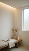 Minimalist bedroom corner with wooden bed, white linens, dried pampas grass in vase, candle and warm ambient lighting creating serene spa-like atmosphere.