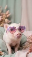Adorable pink piglet wearing heart-shaped sunglasses sitting on soft pastel bedding with dried flowers creating cute and trendy pet portrait.