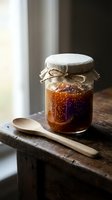 Homemade jam or preserve in glass jar with fabric cover and twine, wooden spoon beside it on rustic table near window for food styling and culinary content.