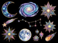 Celestial night sky elements collection featuring crescent moon, spiral galaxy, geometric stars, shooting stars, full moon, and comet isolated on transparent background. Ready for t-shirt design, clipart, stickers, sublimation, and print-on-demand projects.