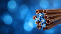Aromatic cinnamon sticks bundled together with small blue flowers against blurred blue bokeh background, creating cozy winter holiday atmosphere.