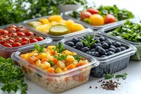 Fresh meal prep containers with quinoa chickpea salad, cherry tomatoes, blueberries and assorted vegetables for healthy eating and balanced nutrition planning.