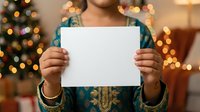 Unrecognizable child in festive attire holding blank white card with decorated tree and warm bokeh lights in background during holiday celebration.