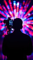 Silhouette of male videographer filming with professional camera against vibrant neon light burst background for creative video production projects.