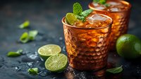 Refreshing cocktail in copper mug garnished with lime slices, mint leaves and ice cubes on dark background. Selective focus on cold beverage with condensation.