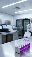 Modern laboratory interior with electronic pipette dispensing purple liquid into test tubes for scientific research and medical analysis.