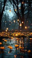 Magical evening scene with glowing lanterns floating above water surface covered in yellow flowers, dark misty forest background creates dreamy atmosphere.