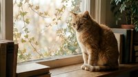 Orange tabby cat sitting peacefully on wooden windowsill with soft natural light filtering through window and green plants creating cozy indoor atmosphere.