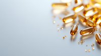 Golden vitamin capsules scattered on white background for health and wellness supplement advertising and medical content.