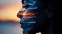 Double exposure silhouette of young woman's profile merged with ocean sunset view, creating dreamy atmospheric mood with deep blue and orange tones.