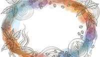 Watercolor coffee frame with beans, leaves and steam swirls in warm gradient colors on white background for cafe menu design and beverage branding.