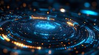 Glowing spiral of blue and orange lights creating futuristic technology pattern with digital data streams and bokeh effect on dark background. For tech concepts.
